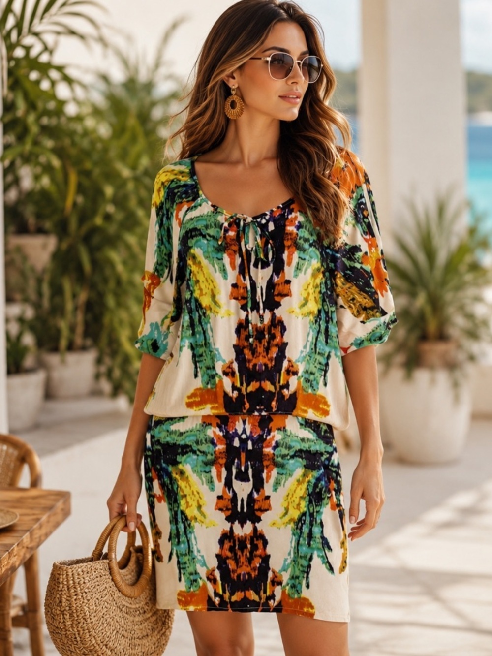 Angie Multicolor Watercolor Print Tie Neck  Vacation Resort Wear Dress Size L